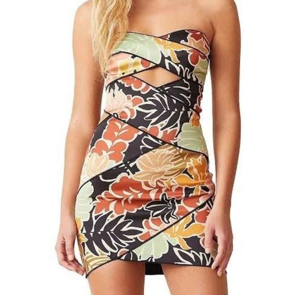 Bec & Bridge Strapless Floral Dress - Black, Orange, Green